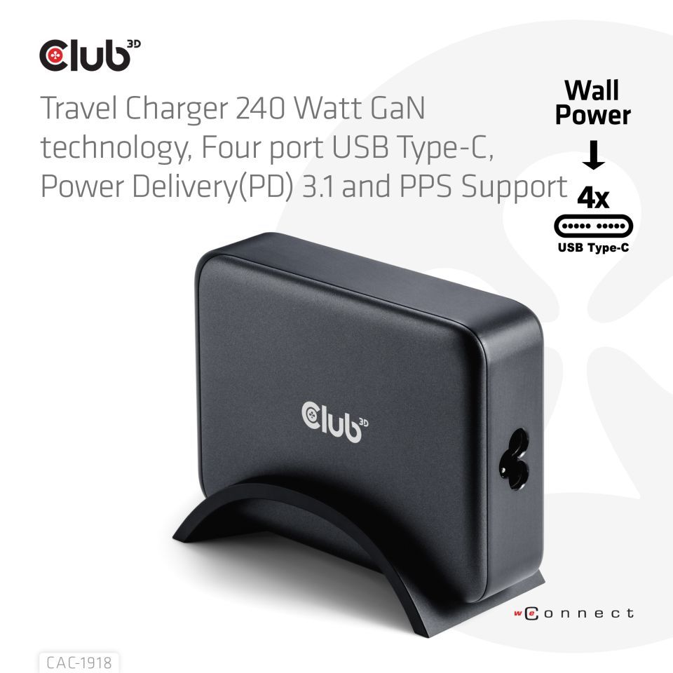 Club3D Travel Charger 240 Watt GaN technology, Four port USB Type-C Power Delivery(PD) 3.1