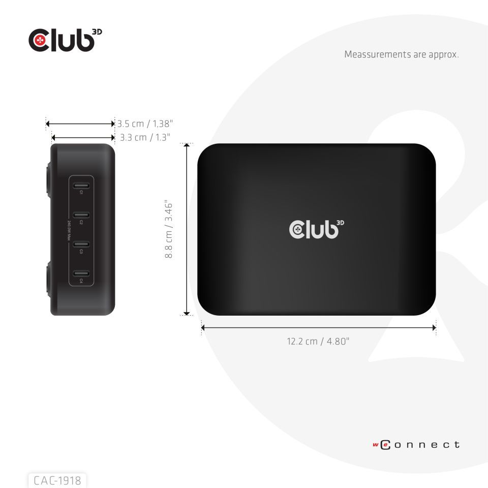 Club3D Travel Charger 240 Watt GaN technology, Four port USB Type-C Power Delivery(PD) 3.1