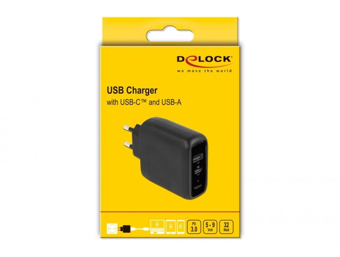 DeLock USB Charger USB Type-C PD 3.0 and USB Type-A with 20 W + 12W Black