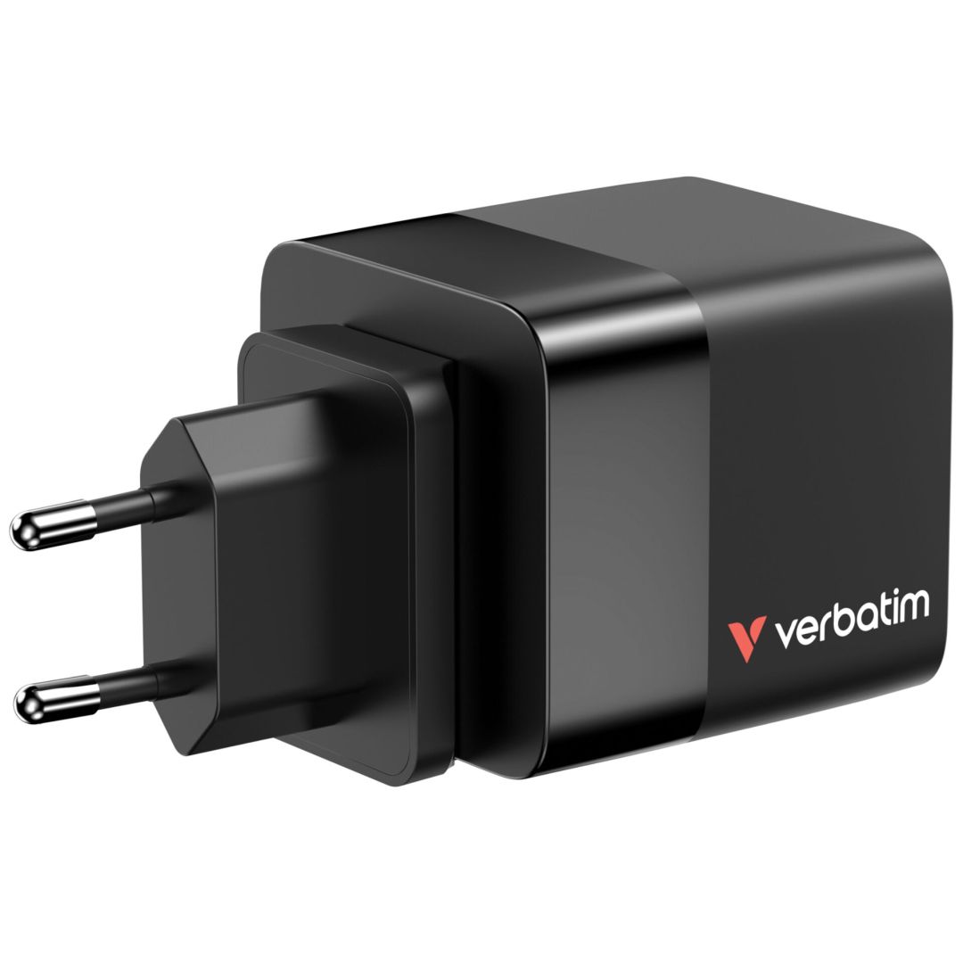 Verbatim GaN Wall Charger 65W 2 Port with Retractable Cable Black