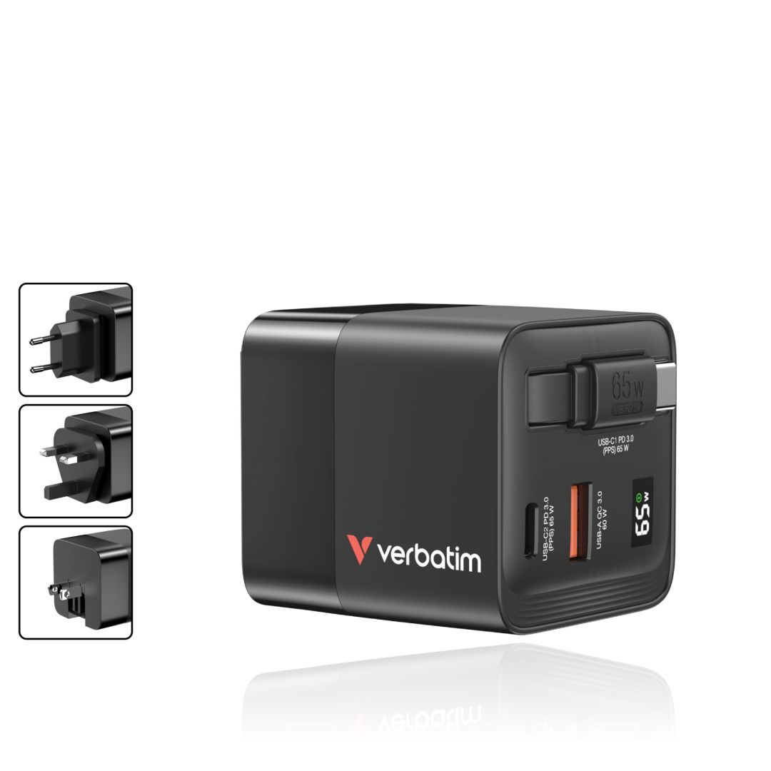 Verbatim GaN Wall Charger 65W 2 Port with Retractable Cable Black