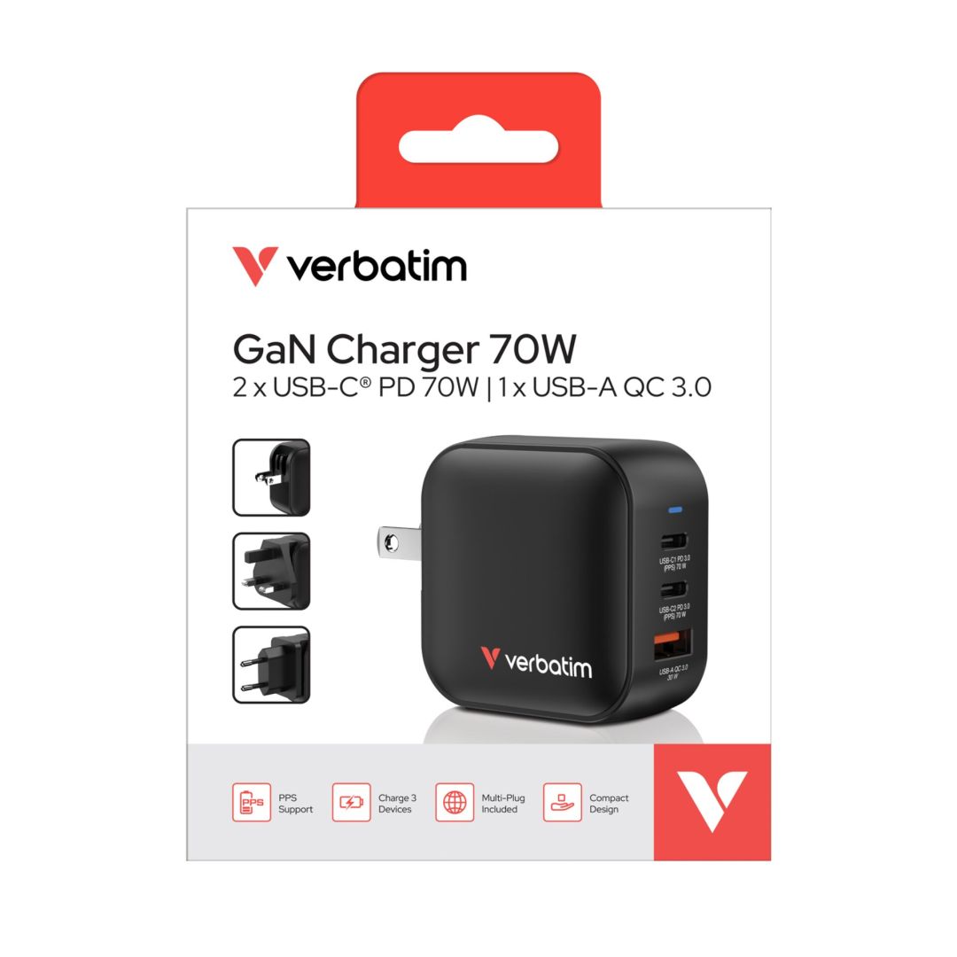 Verbatim Mini GaN Wall Charger 70W 3 Port Black