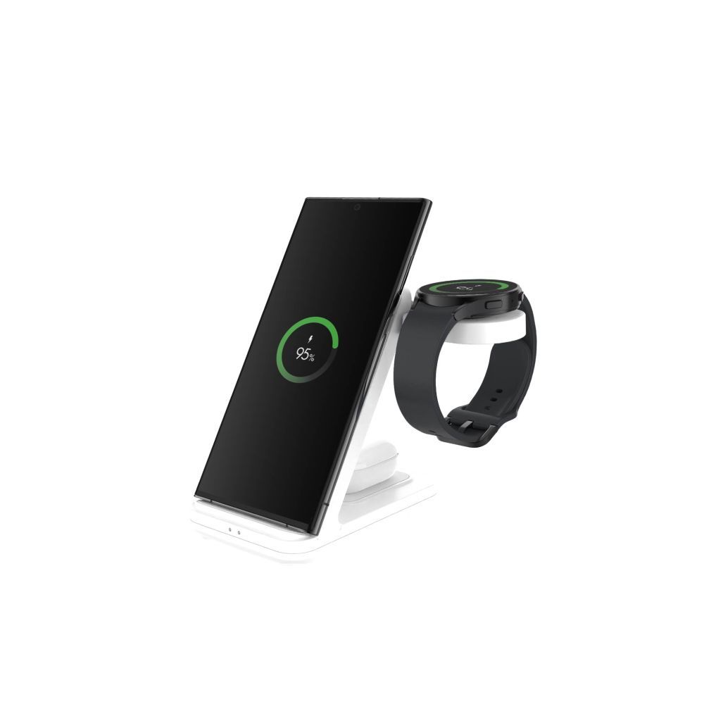 FIXED vezetéknélküli QI töltőállomás 3 eszköz egyidejű töltésére, Samsung Galaxy Watch-hoz is, fehér