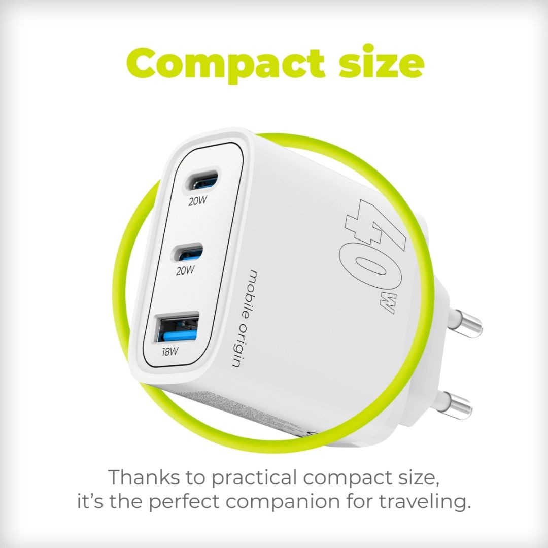 Mobile Origin GaN 40W Wall Charger MO13, 1 USB-A + 2 USB-C