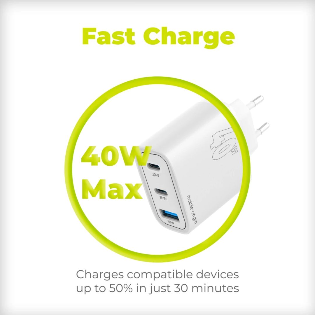 Mobile Origin GaN 40W Wall Charger MO13, 1 USB-A + 2 USB-C