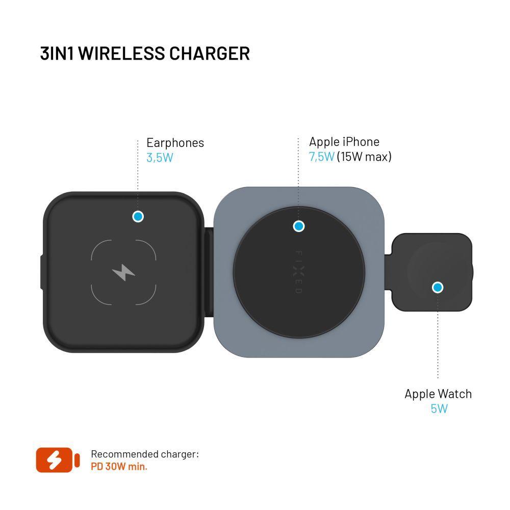 FIXED MagFlex vezeték nélküli töltő, 3 eszköz egyidejű töltése, MagSafe támogatás, szürke