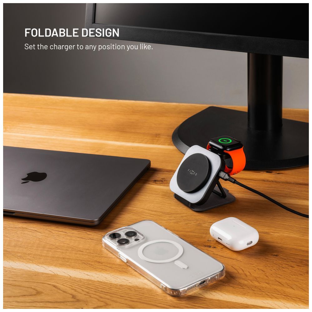FIXED MagFlex vezeték nélküli töltő, 3 eszköz egyidejű töltése, MagSafe támogatás, szürke