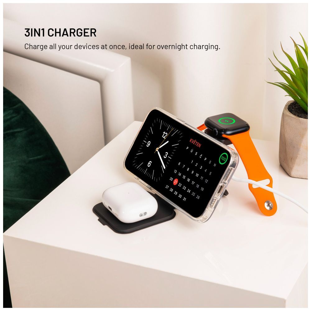 FIXED MagFlex vezeték nélküli töltő, 3 eszköz egyidejű töltése, MagSafe támogatás, szürke