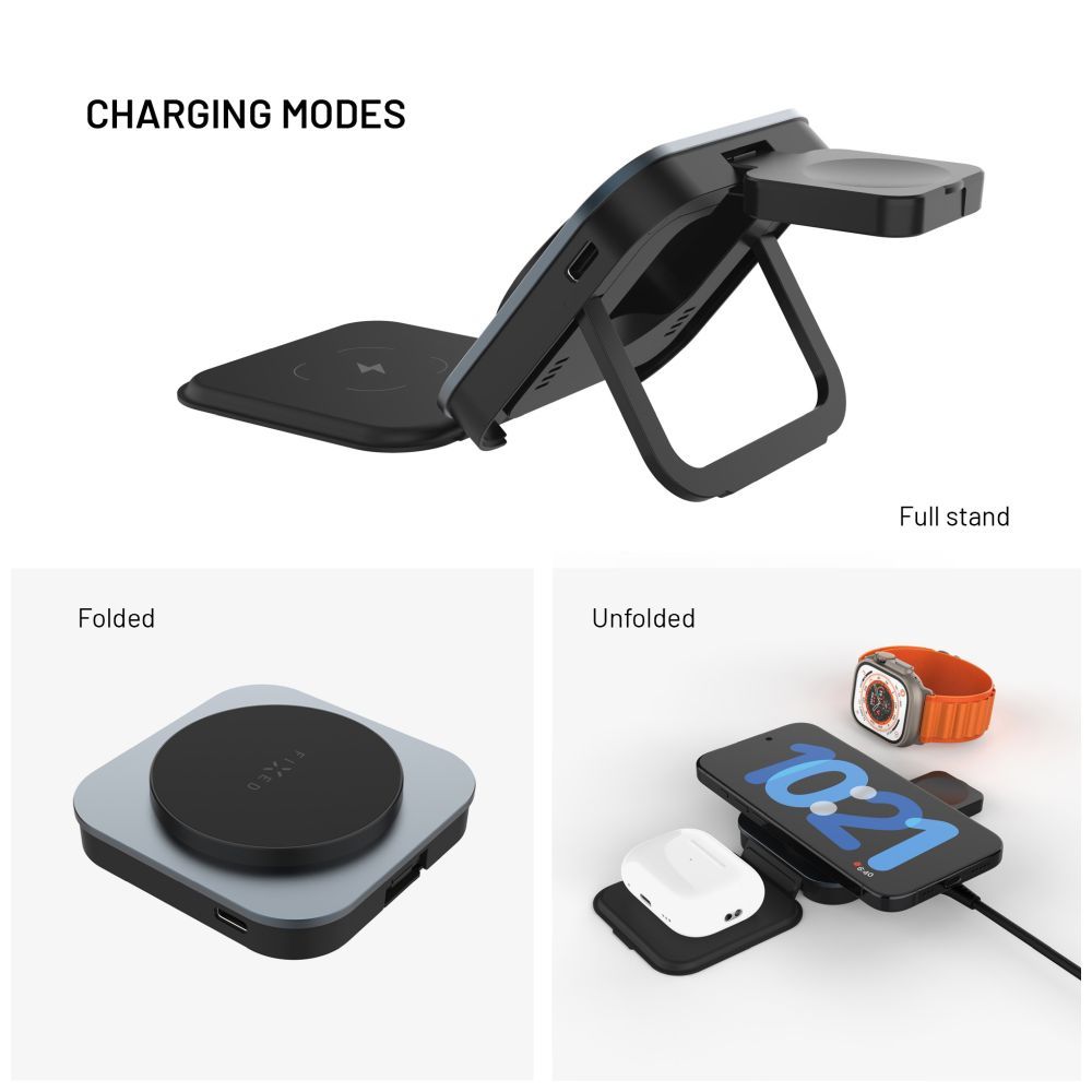 FIXED MagFlex vezeték nélküli töltő, 3 eszköz egyidejű töltése, MagSafe támogatás, szürke