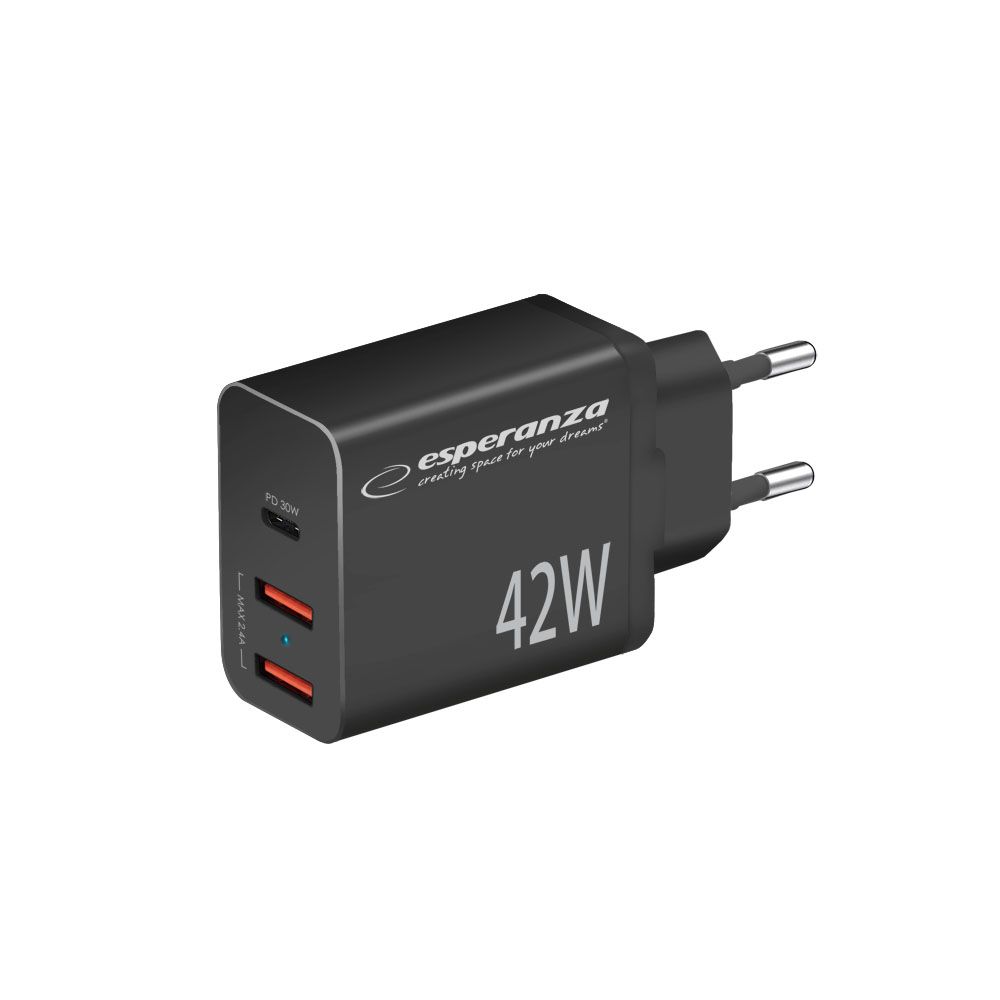 Esperanza EZC106K Quick Power Charger 42W USB-C PD 30W / 2xUSB-A 12W Black