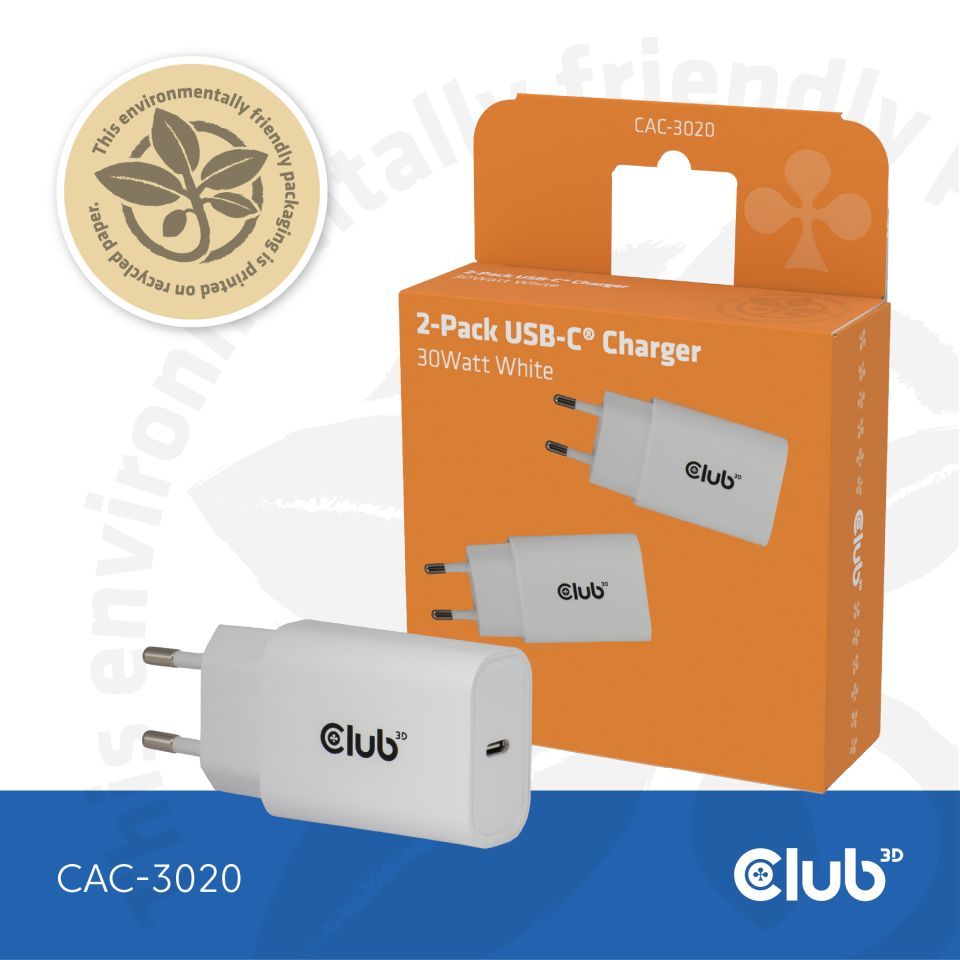 Club3D USB-C Charger 30W White (2-Pack)