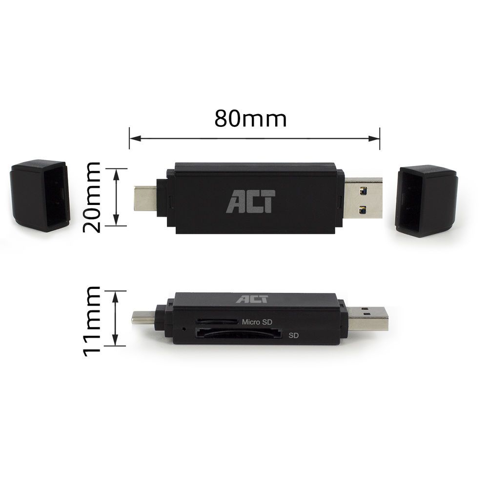 ACT USB-C/USB-A for SD/micro SD Card Reader Black