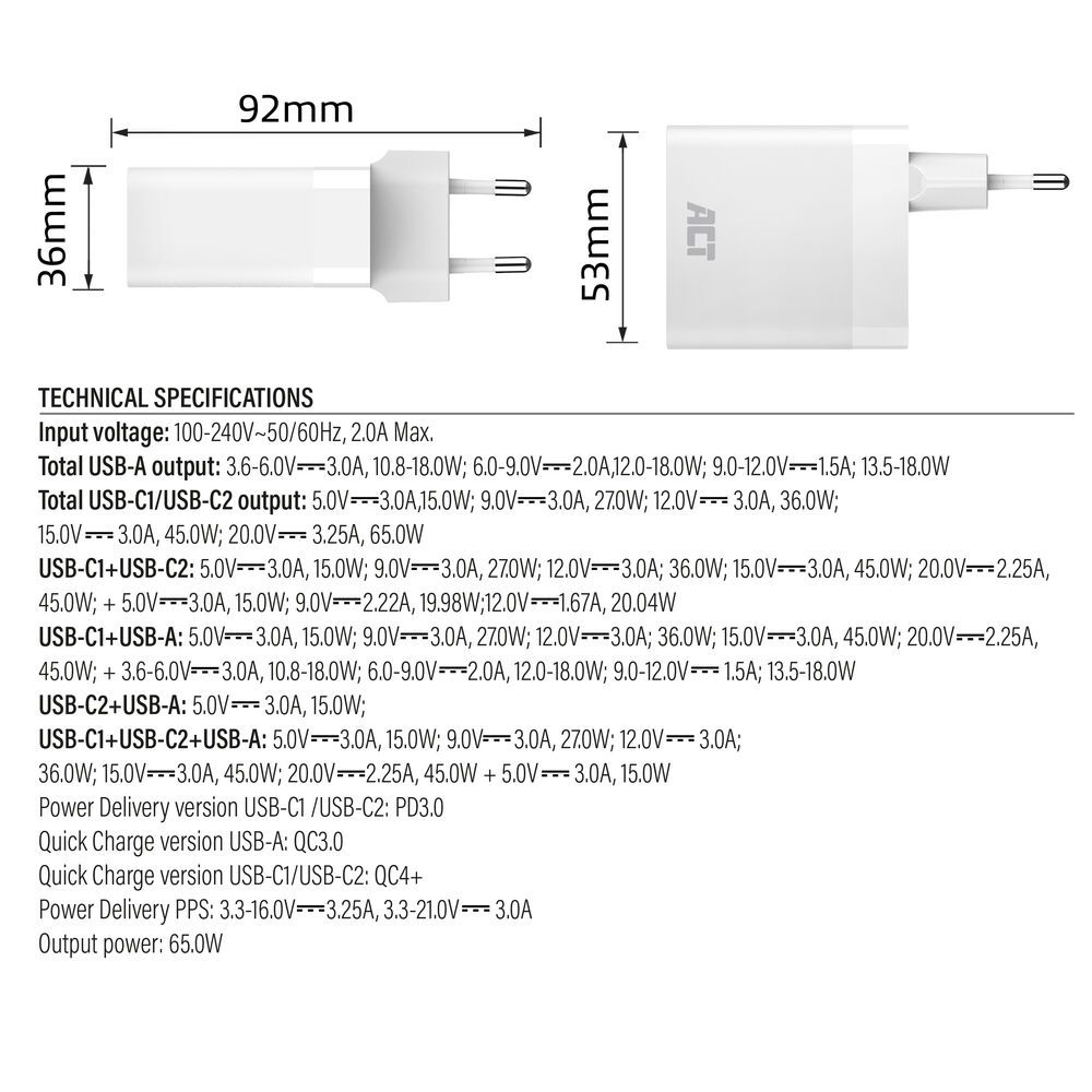 ACT ACT USB-C/USB-A Charger 65W 3-port with Power Delivery PPS, QuickCharge and GanFast