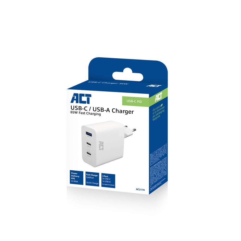 ACT ACT USB-C/USB-A Charger 65W 3-port with Power Delivery PPS, QuickCharge and GanFast