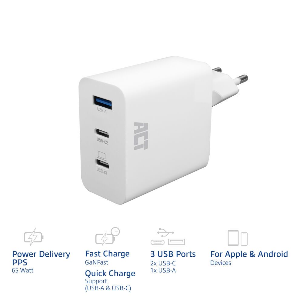ACT ACT USB-C/USB-A Charger 65W 3-port with Power Delivery PPS, QuickCharge and GanFast