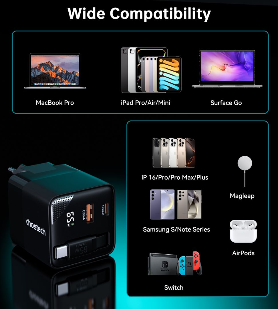 Choetech  PD6091 65W GaN Charger with Telescopic Module EU Black