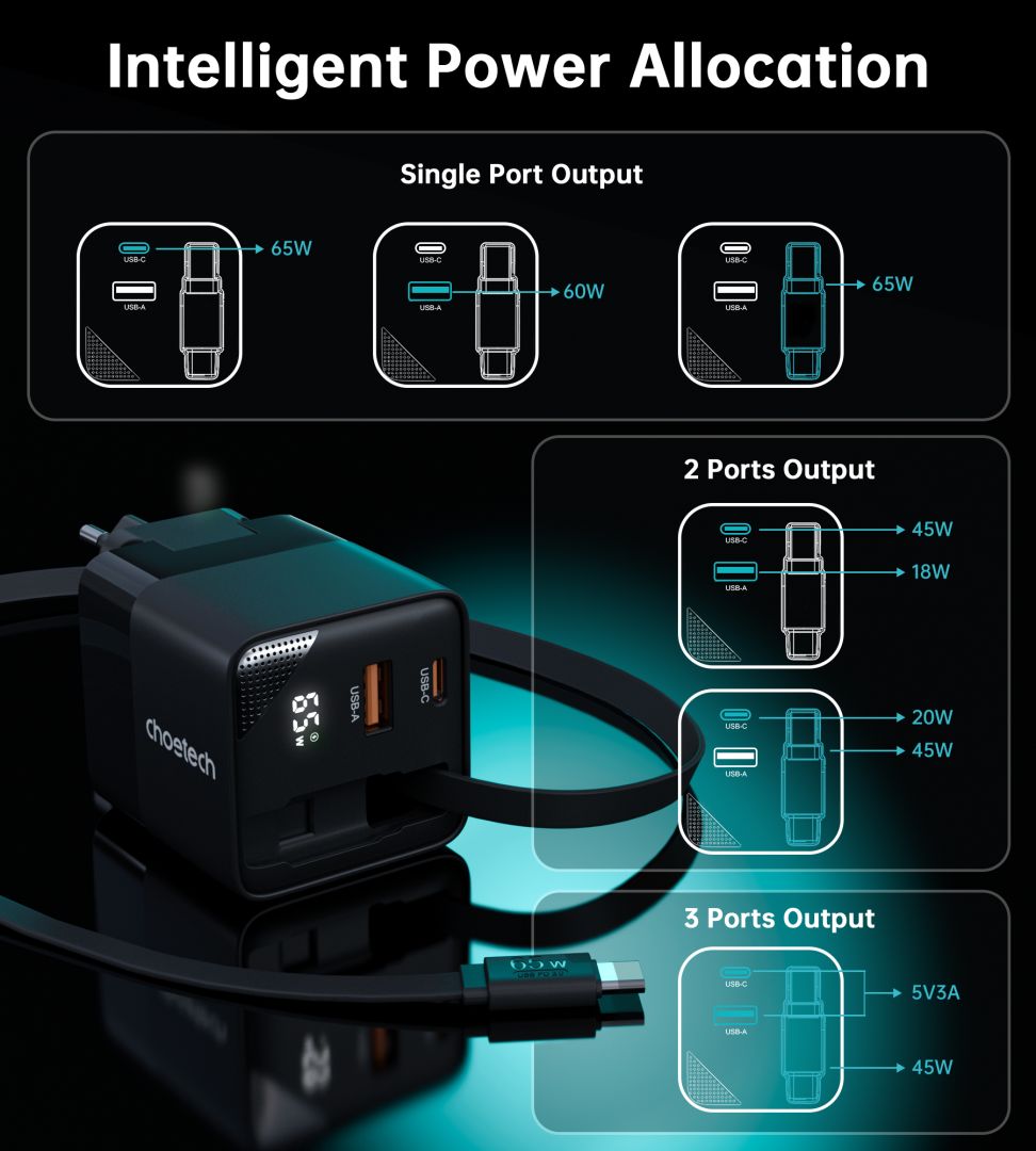 Choetech  PD6091 65W GaN Charger with Telescopic Module EU Black