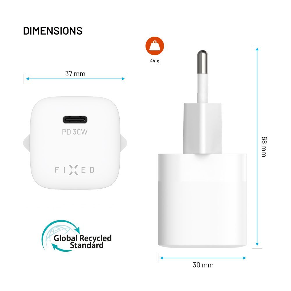 FIXED Mini GaN Charger 30W + USB-C/USB-C Cable White