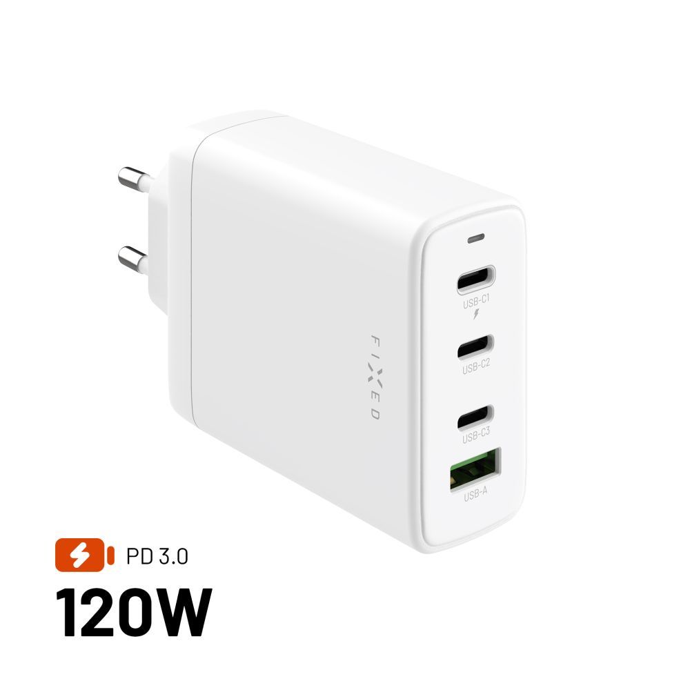 FIXED GaN 3xUSB-C/USB utazós töltő 120W, fehér