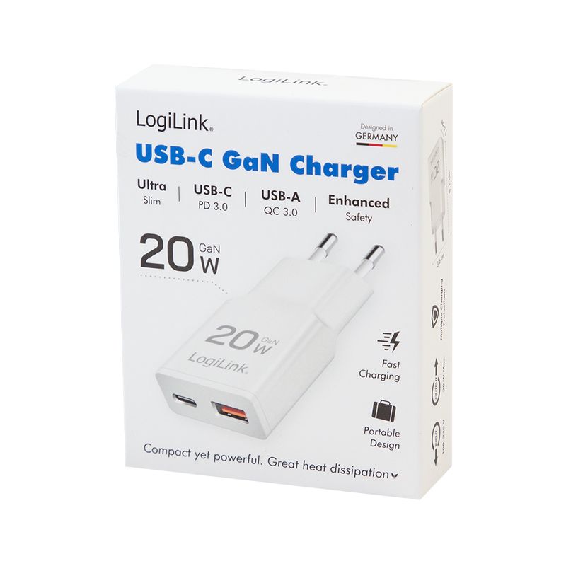 Logilink Dual-USB GaN charger 20W extra slim 1x USB-C (PD) 1x USB-A (QC) White