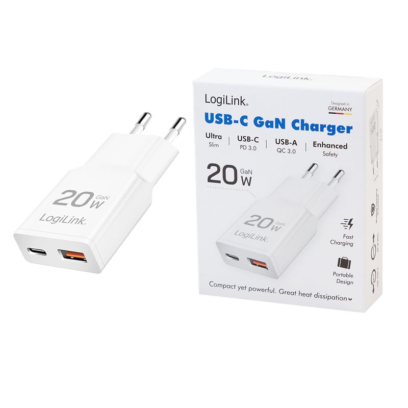 Logilink Dual-USB GaN charger 20W extra slim 1x USB-C (PD) 1x USB-A (QC) White