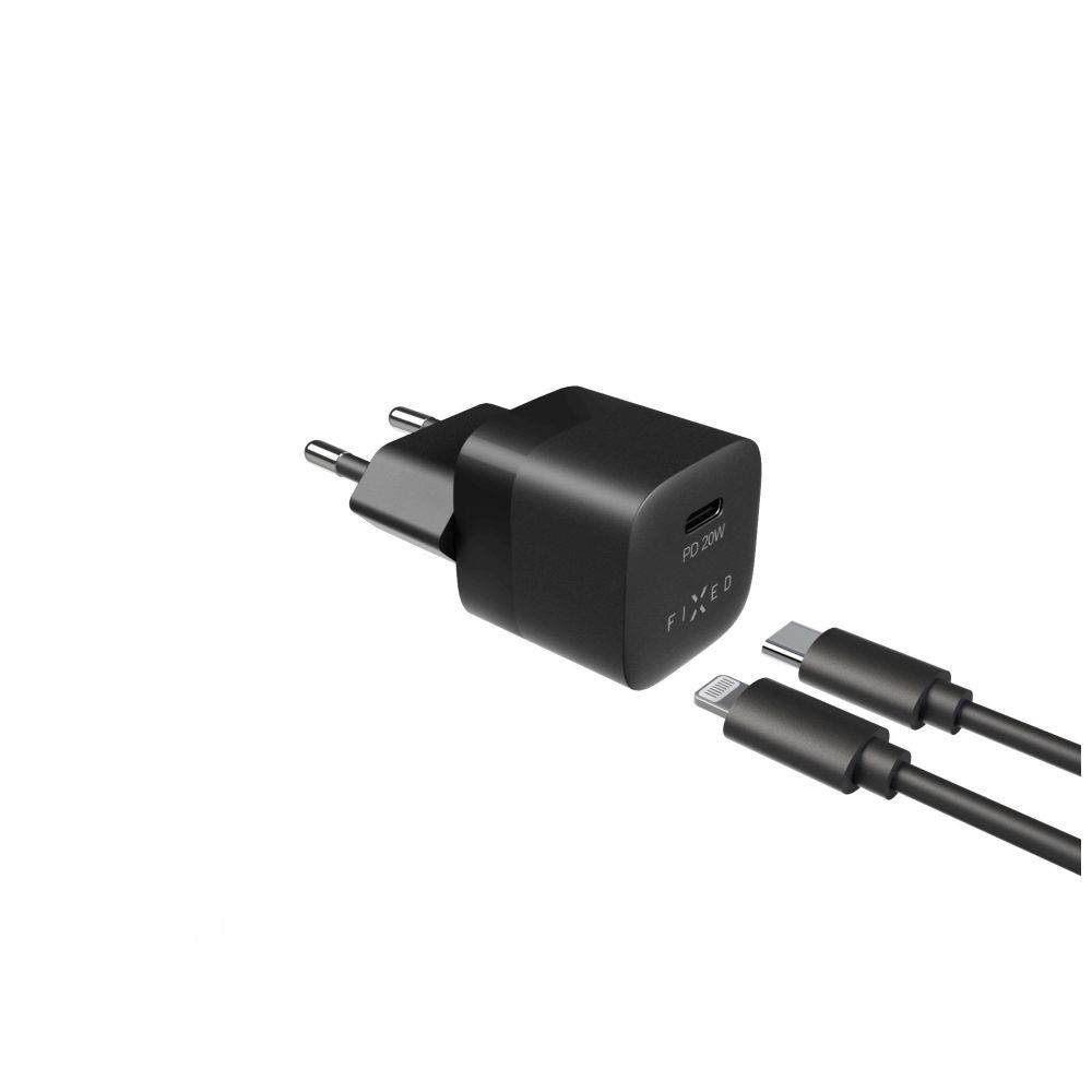 FIXED Mini hálózati töltőkészlet USB-C kimenettel és USB-C/Lightning kábellel 20W 1m, fekete