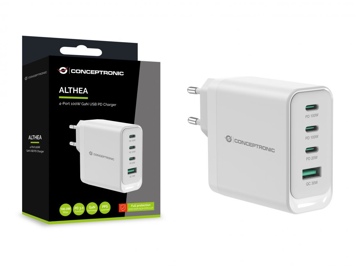 Conceptronic  ALTHEA22W100 4-Port 100W GaN USB PD Charger White