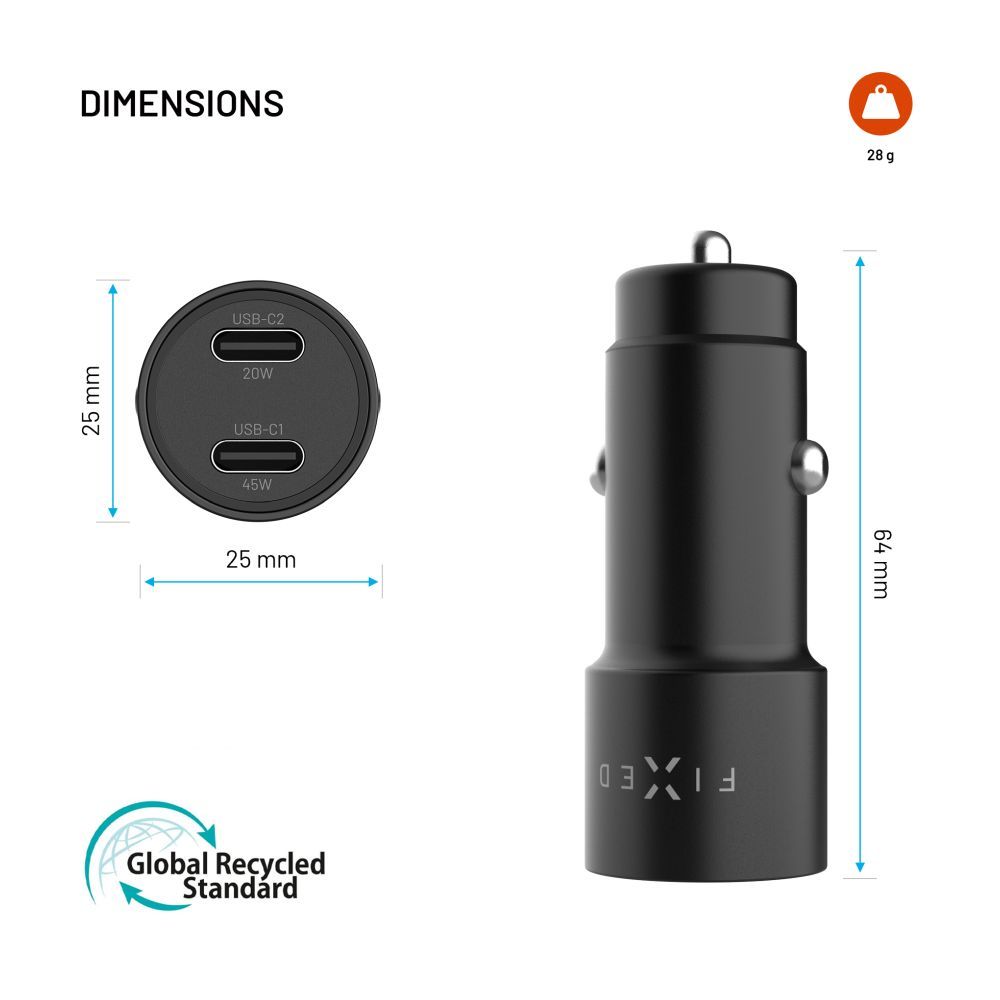 FIXED Dual USB-C Car Charger 65W PD 3.0 Black