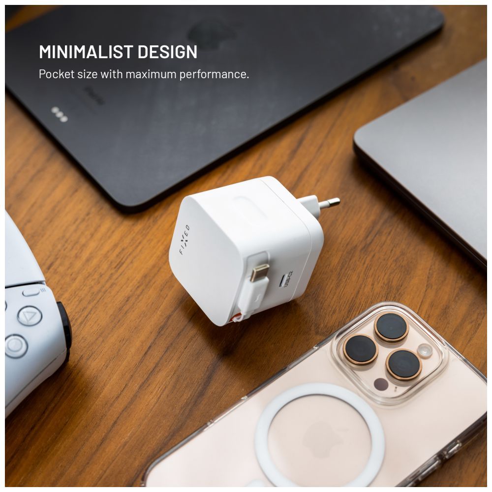FIXED 2xUSB-C töltő visszahúzható kábellel, GaN PD 3.0 támogatással, 65W, fehér