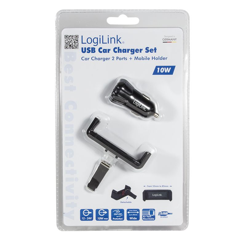 Logilink PA0133 USB car charger + mobile holder Black