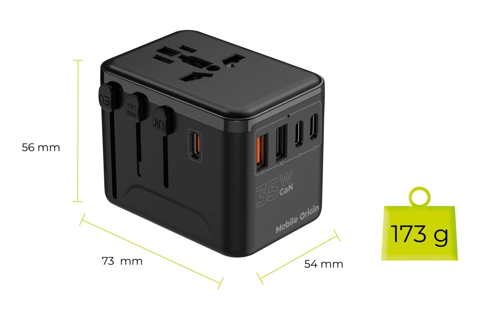 Mobile Origin GaN 35W Travel Adapter PW4 EU/UK/US/AUS, 3x USB-C + 2x USB-A 