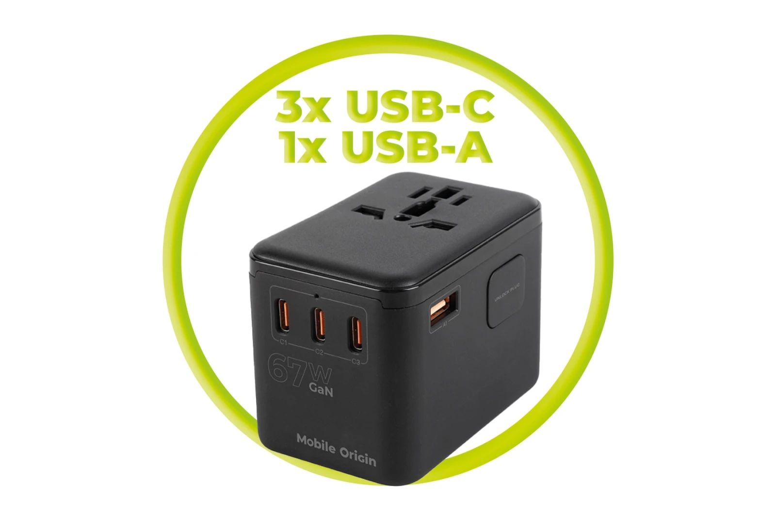 Mobile Origin GaN 67W Travel Adapter PW5 EU/UK/US/AUS, 3x USB-C + USB-A