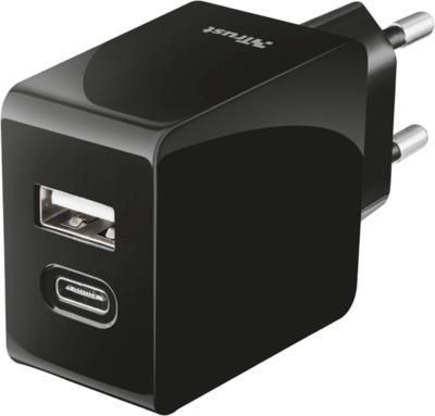 Trust Urban Dual-port smart wall charger with USB-C and USB-A port Black