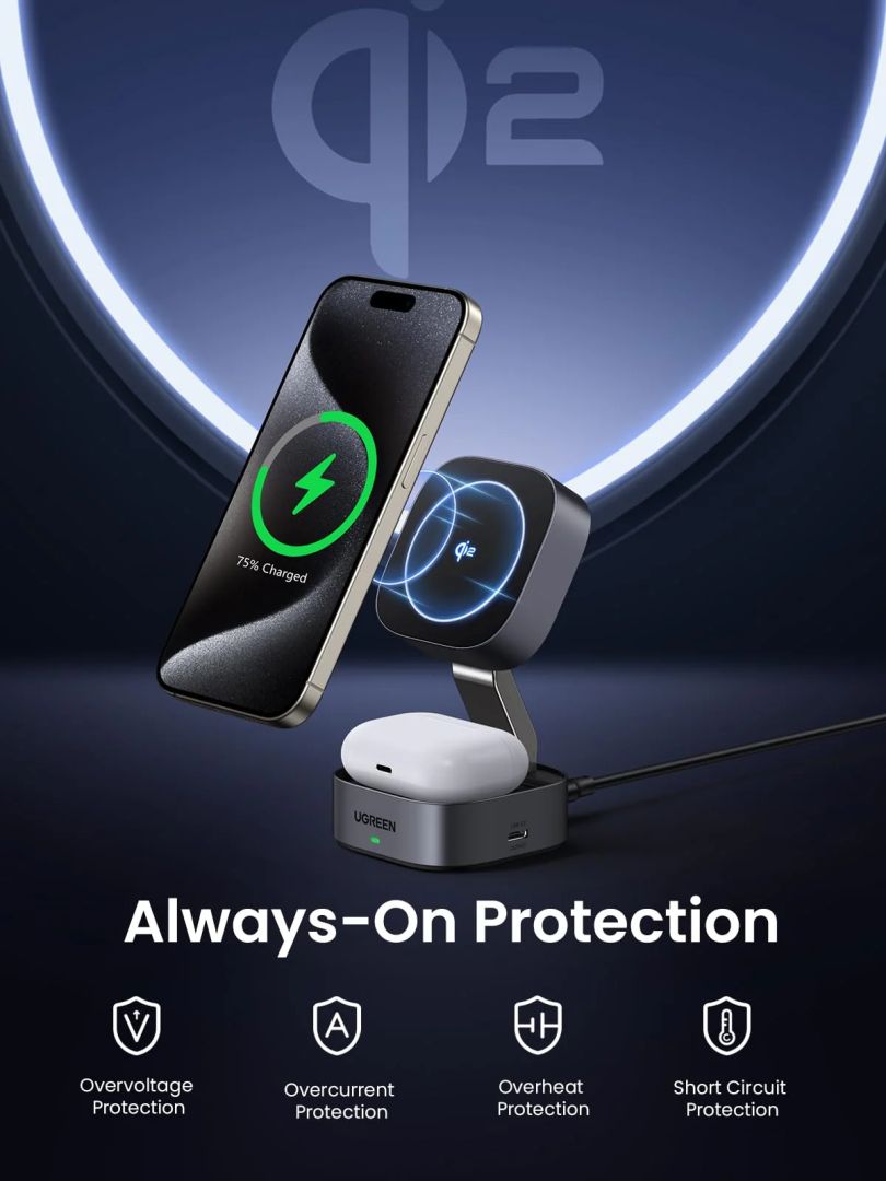 UGREEN Qi2 15W MagFlow 2-in-1 Wireless Charger Grey