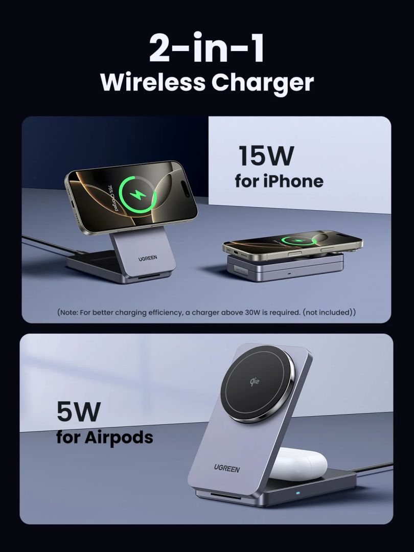 UGREEN Qi2 15W MagFlow 2-in-1 Wireless Charger Grey