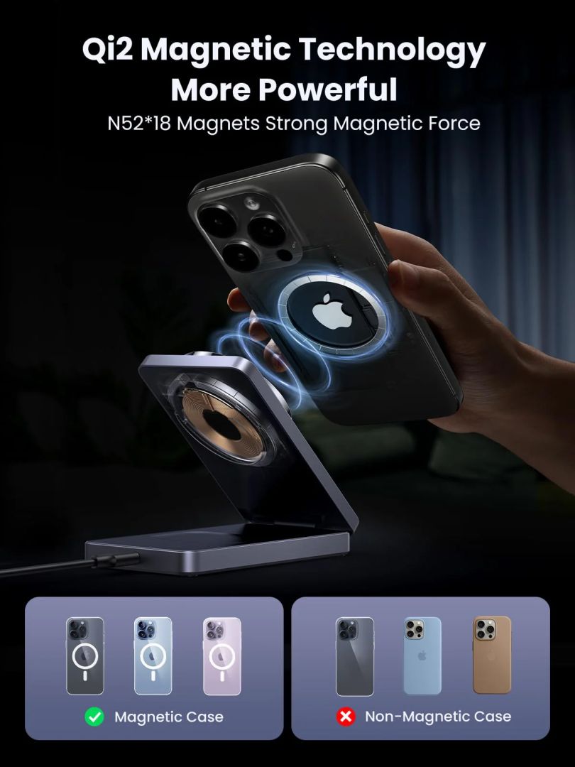 UGREEN Qi2 15W MagFlow 2-in-1 Wireless Charger Grey