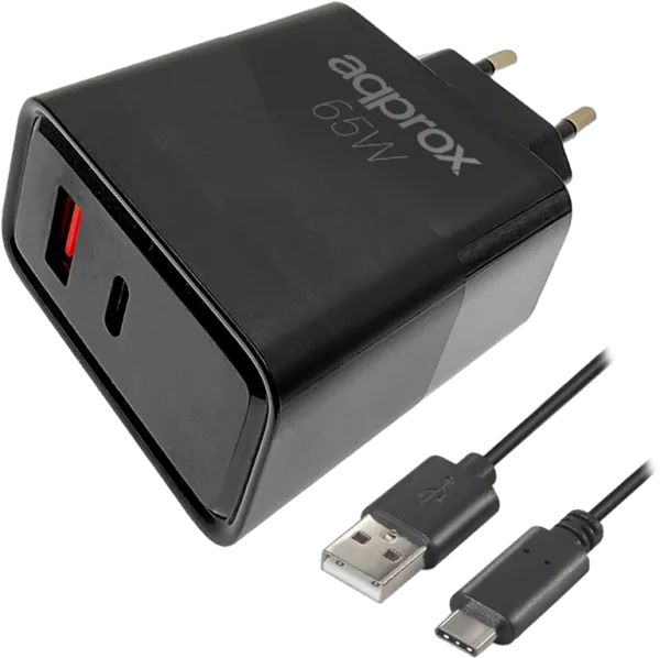 Approx APPUSBWALL65W Cargador 65WATT QC 1 X USB A+ 1 X USB C+cable Black