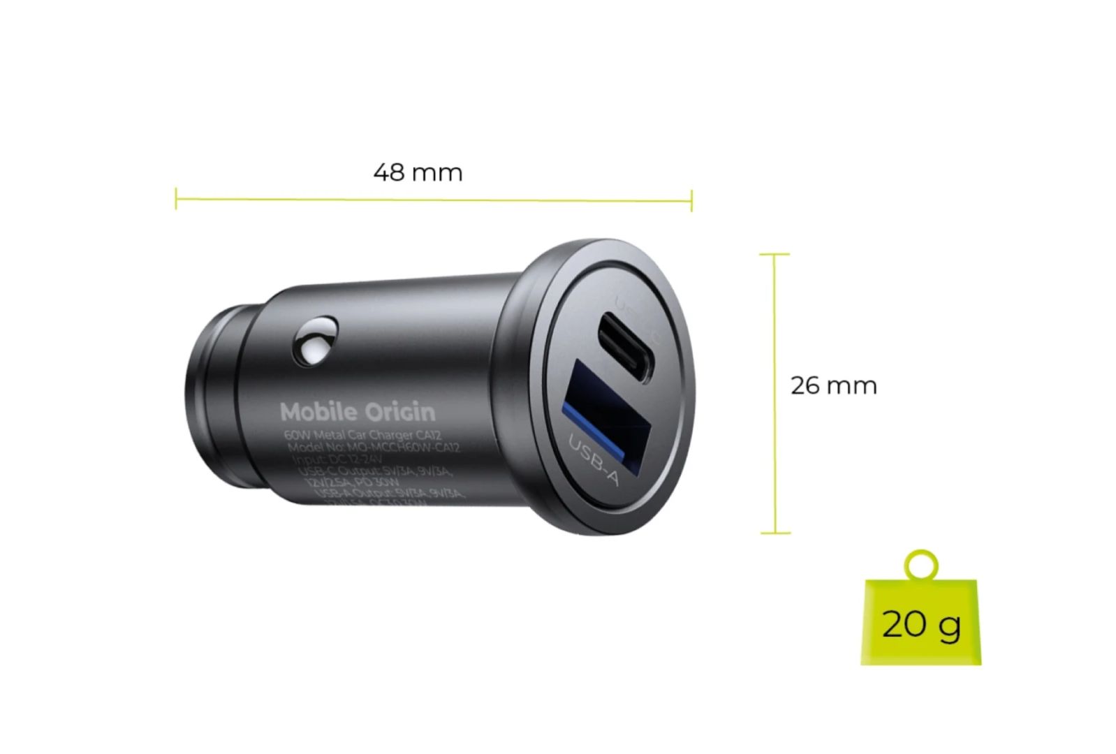 Mobile Origin Metal Car Charger 30W CA12 USB-C, USB-A Black