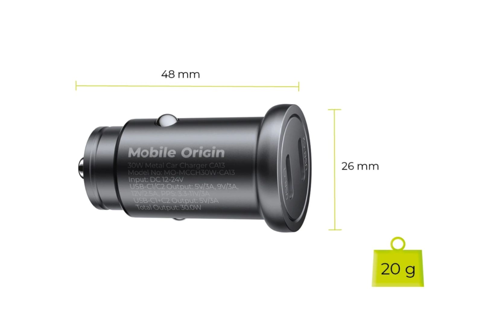 Mobile Origin Metal Car Charger 30W CA13, 2x USB-C Black
