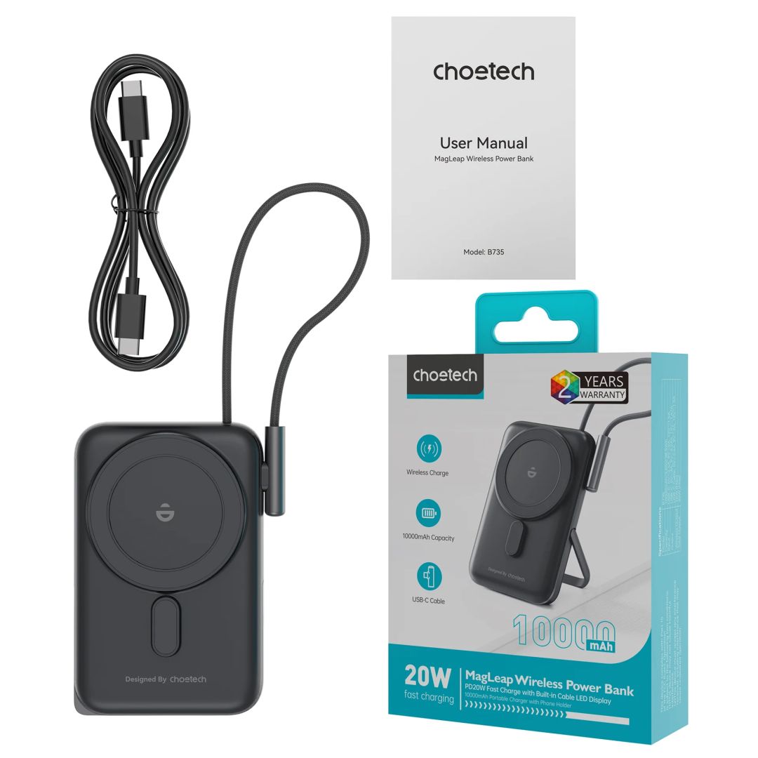 Choetech  B735 10000mah 20W Magnetic Powerbank with Bracket & USB-C Cable & Power Display Black