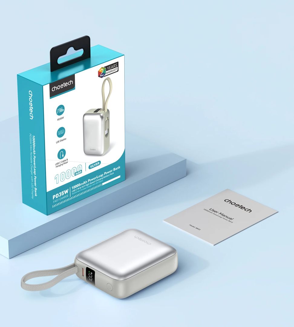 Choetech  B832 Mini 35W 10000mAh PowerBank with USB-C Cable Silver
