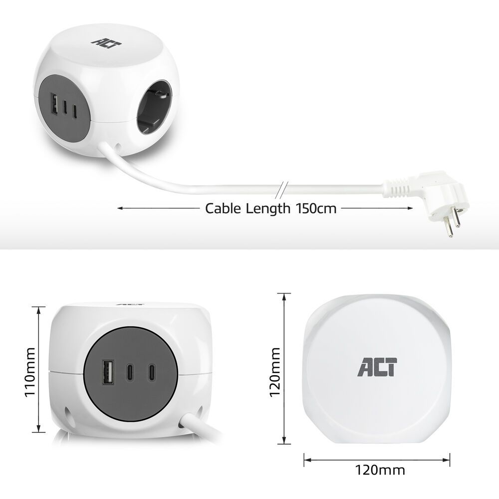 ACT Power Strip Cube F Socket Hálózati Elosztó 3DIN 1,5m White