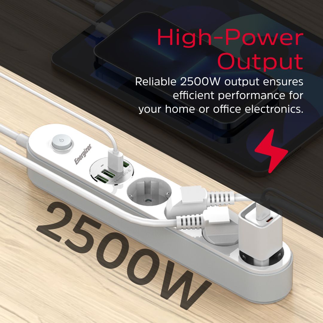 Energizer EPB2500W00EU Hálózati Elosztó Kapcsolóval 4DIN 2m White