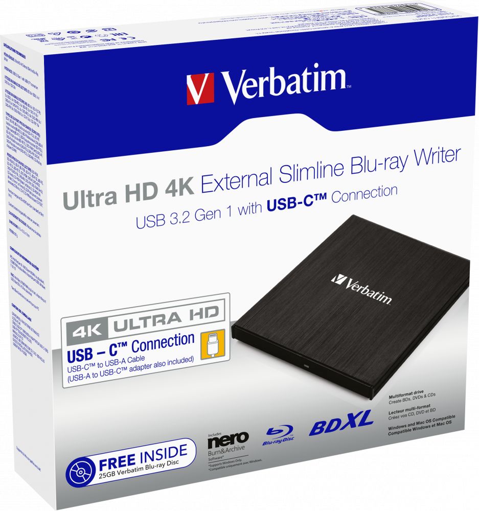 Verbatim Ultra HD 4K External Slimline Blu-ray Writer Black BOX