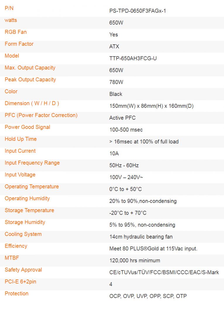 Thermaltake 650W 80+ Gold Toughpower GF1 ARGB