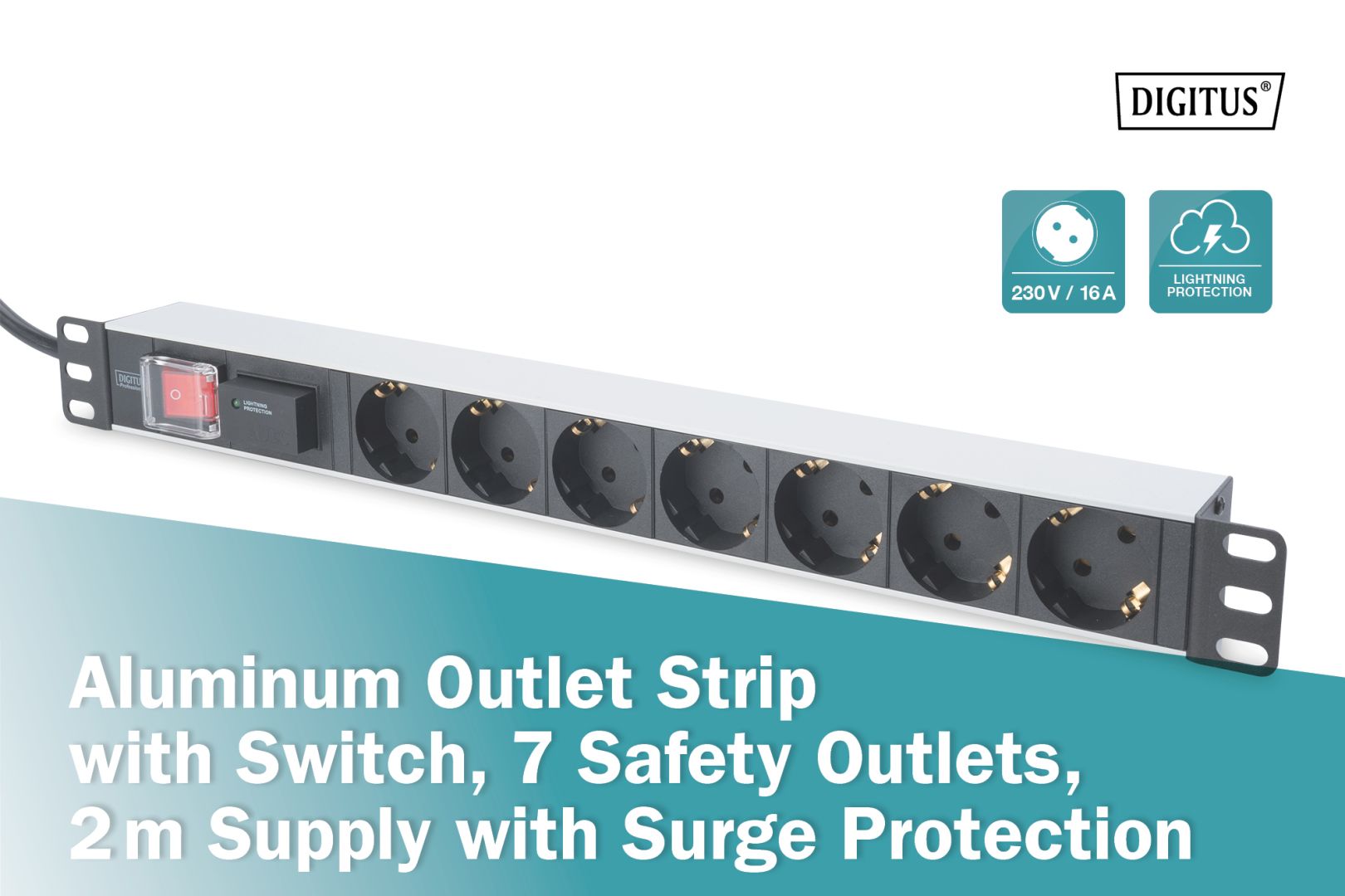 Digitus Aluminum outlet strip with switch 7 safety outlets 2m supply with surge protection