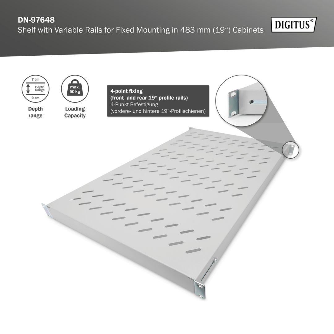 Digitus 1U fixed shelf for 1000mm depth racks 44x482x700 mm adjust. 700-900mm depth Grey