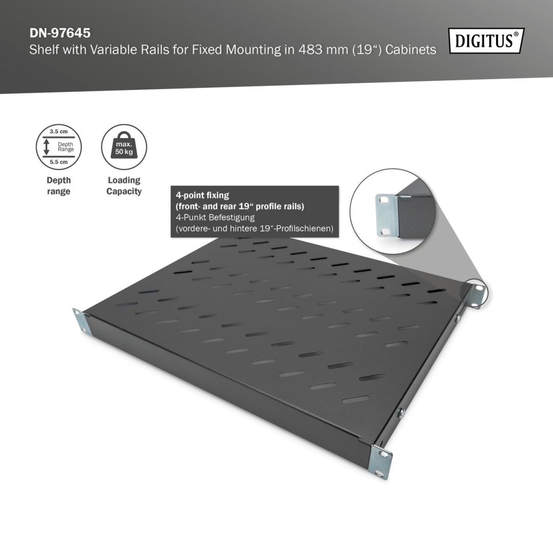 Digitus 1U fixed shelf for 600mm depth racks 44x482x350mm adjust. 350-550mm Depth Black