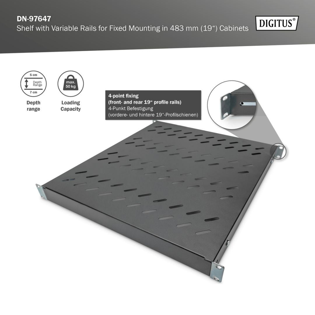 Digitus 1U fixed shelf for 800mm depth racks 44x482x500mm adjust. 500-700mm depth Black