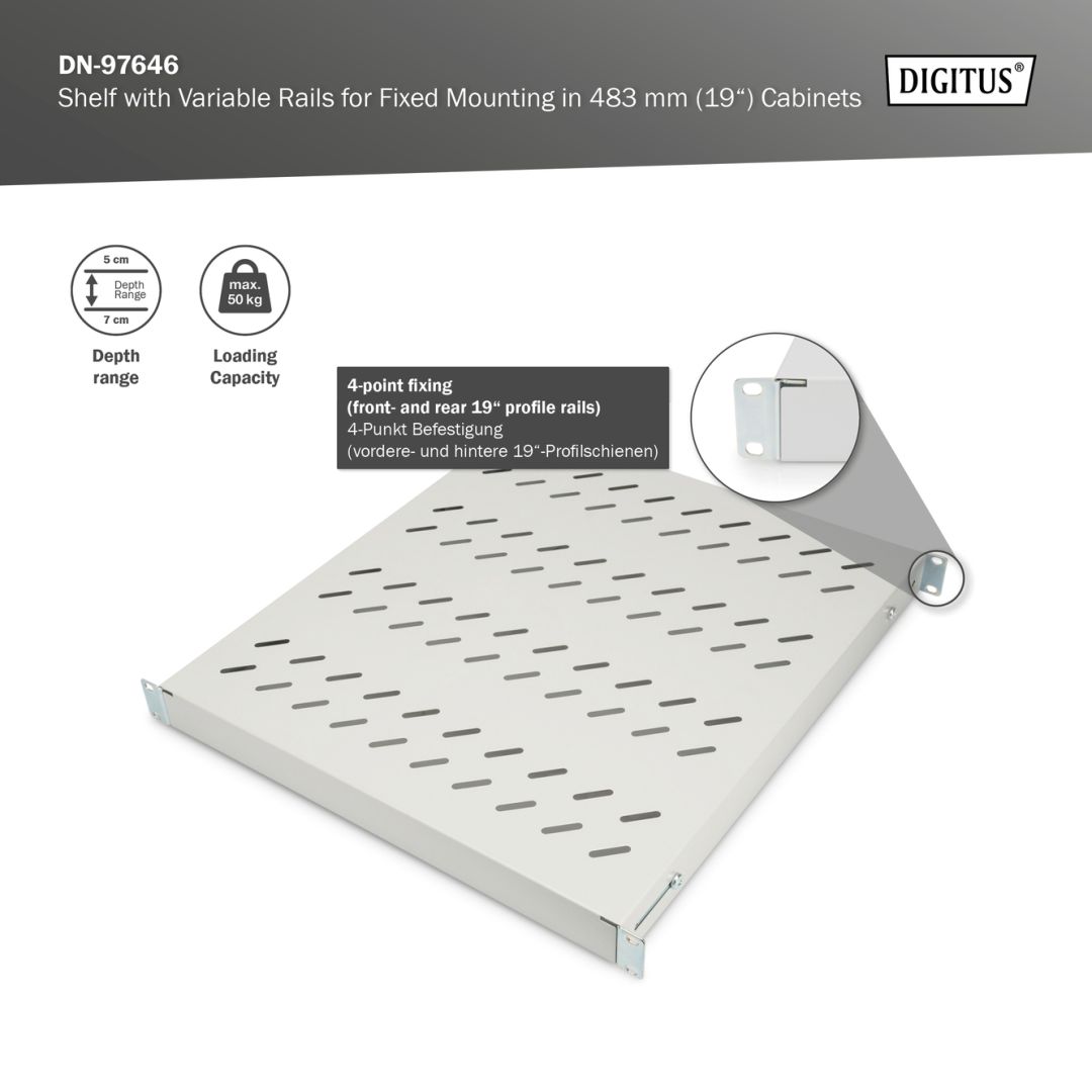 Digitus 1U fixed shelf for 800mm depth racks 44x482x500mm adjust. 500-700mm depth Grey